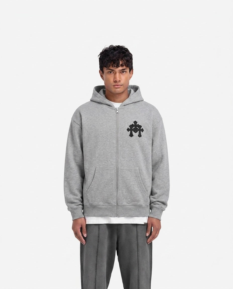 GRAY CROSS ZIP HOODIE