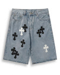 LIGHT BLUE CROSS DENIM SHORTS