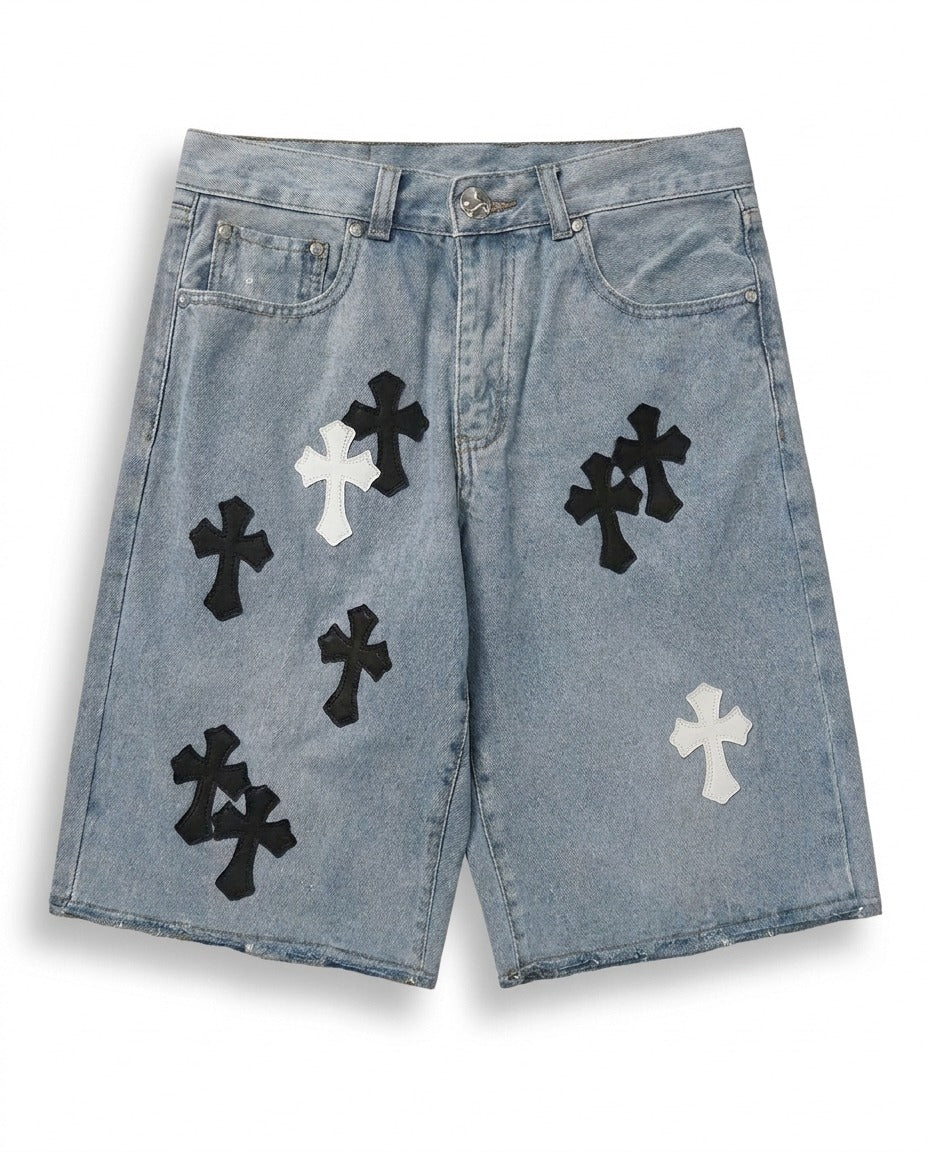 LIGHT BLUE CROSS DENIM SHORTS