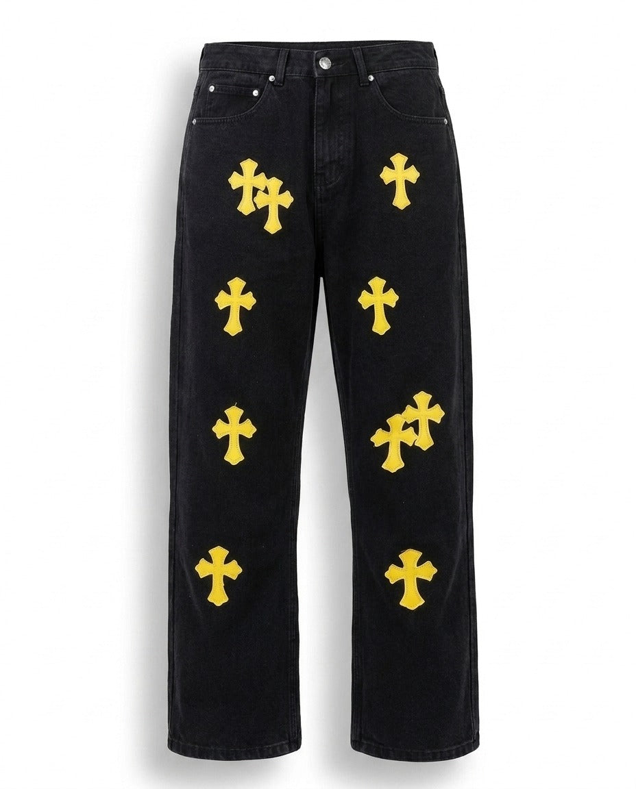YELLOW CROSS BLACK DENIM PANTS