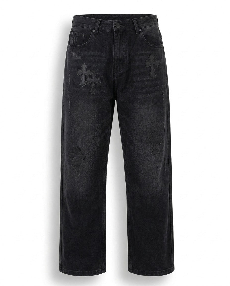 TONAL BLACK CROSS DENIM SHORTS