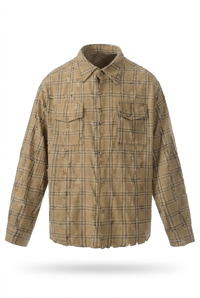 BEIGE CHECK DAMAGED SHIRT