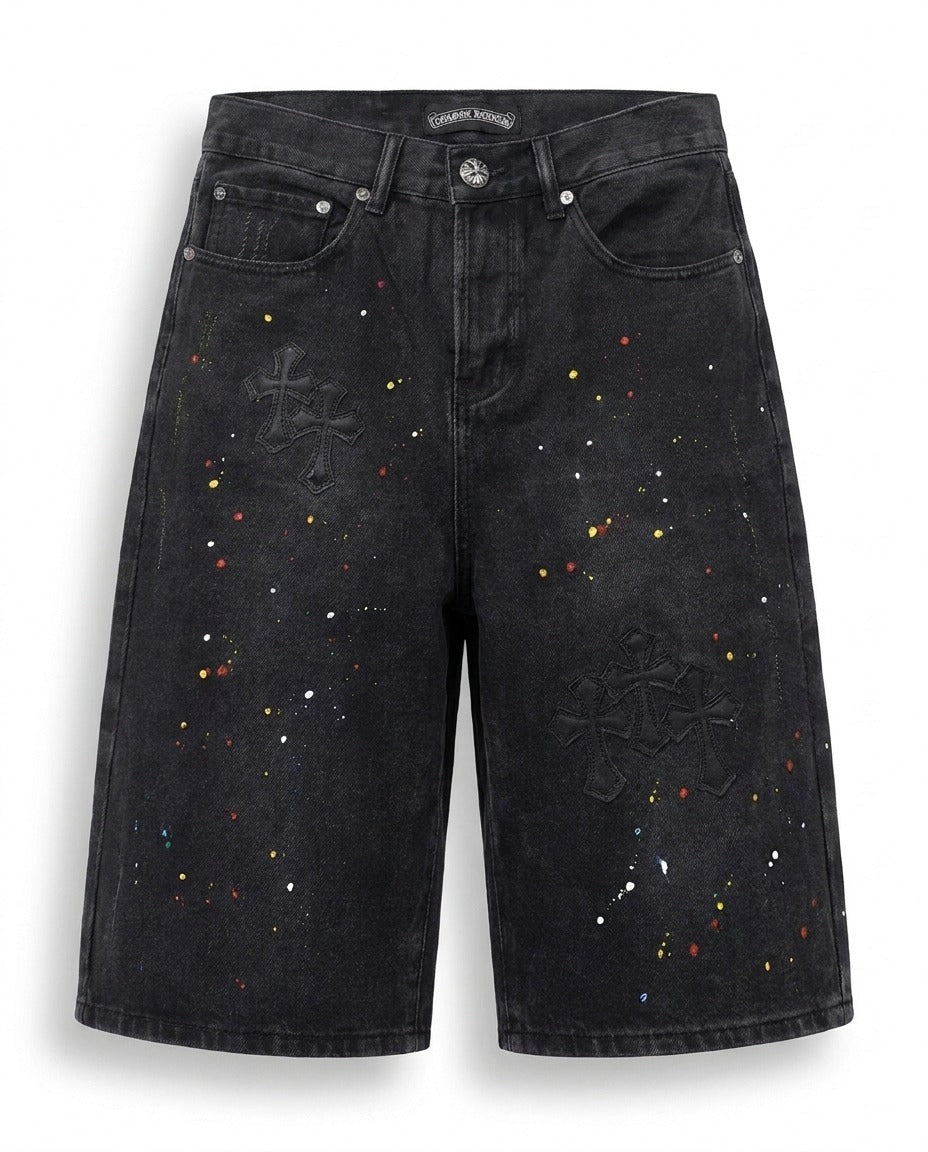 PAINT SPLATTER CROSS DENIM SHORTS