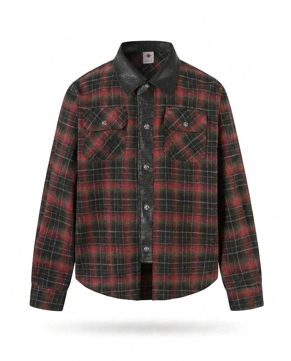 RED CHECK LEATHER COLLAR SHIRT