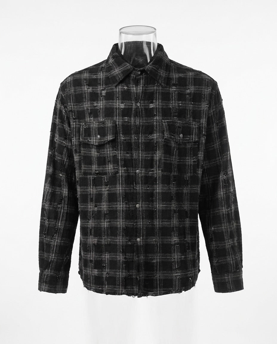 BLACK CHECK DAMAGED SHIRT