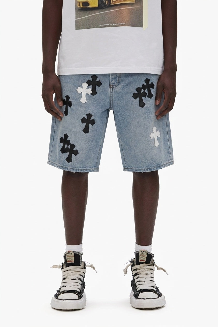 LIGHT BLUE CROSS DENIM SHORTS