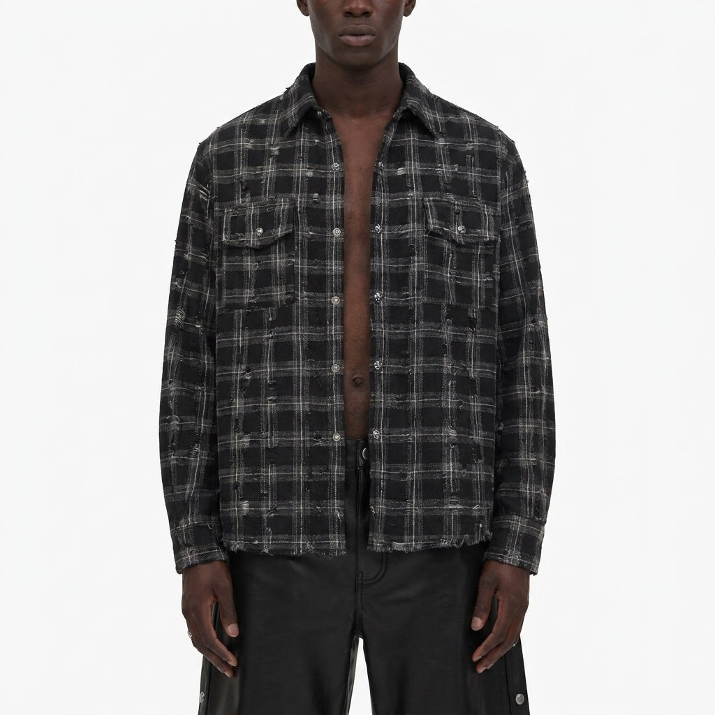 BLACK CHECK DAMAGED SHIRT