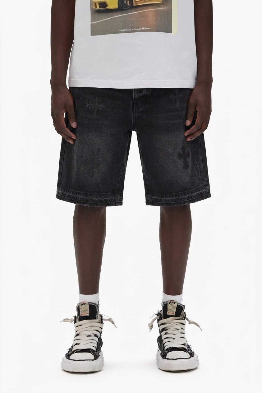 TONAL BLACK CROSS DENIM SHORTS