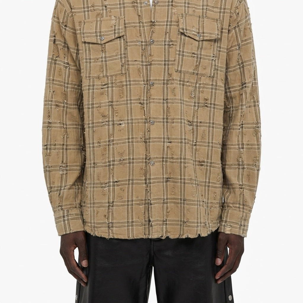 BEIGE CHECK DAMAGED SHIRT