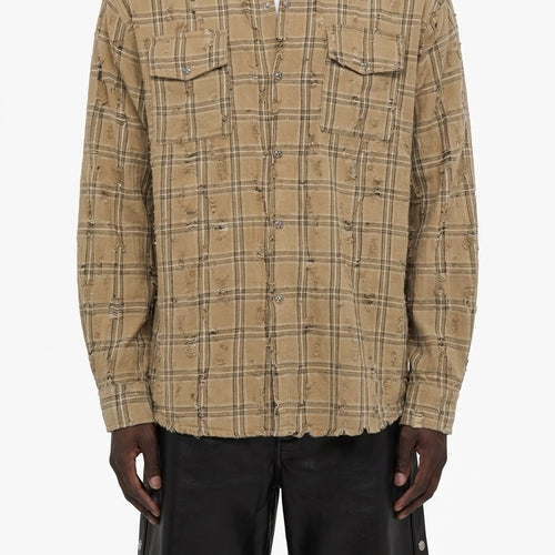 BEIGE CHECK DAMAGED SHIRT