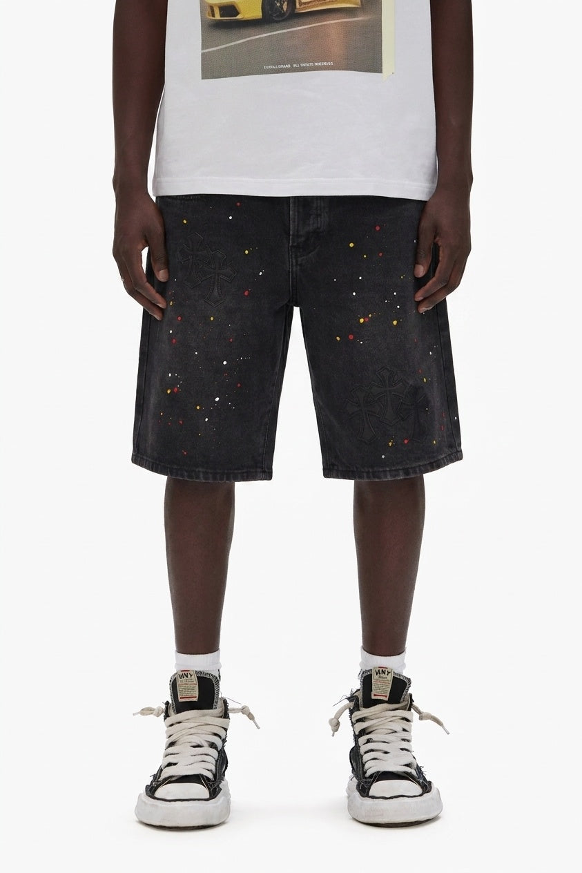 PAINT SPLATTER CROSS DENIM SHORTS