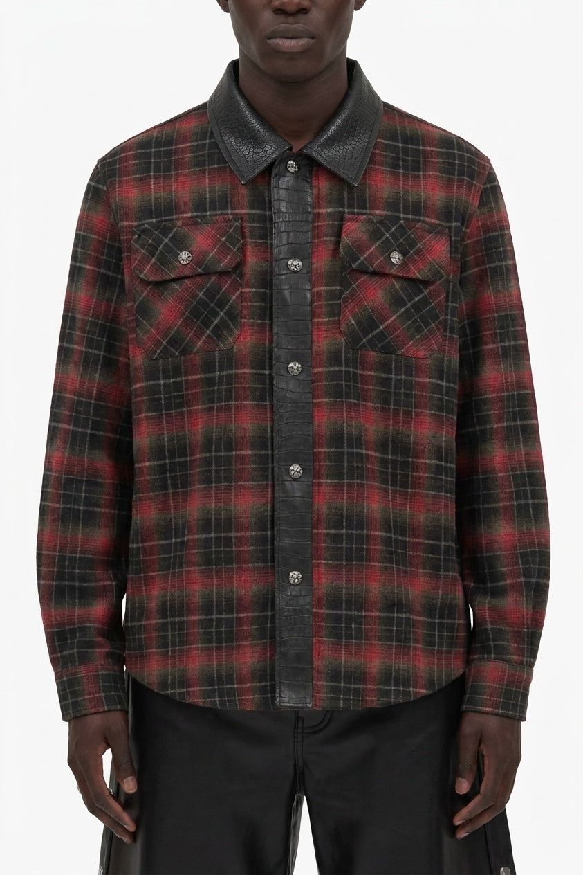 RED CHECK LEATHER COLLAR SHIRT