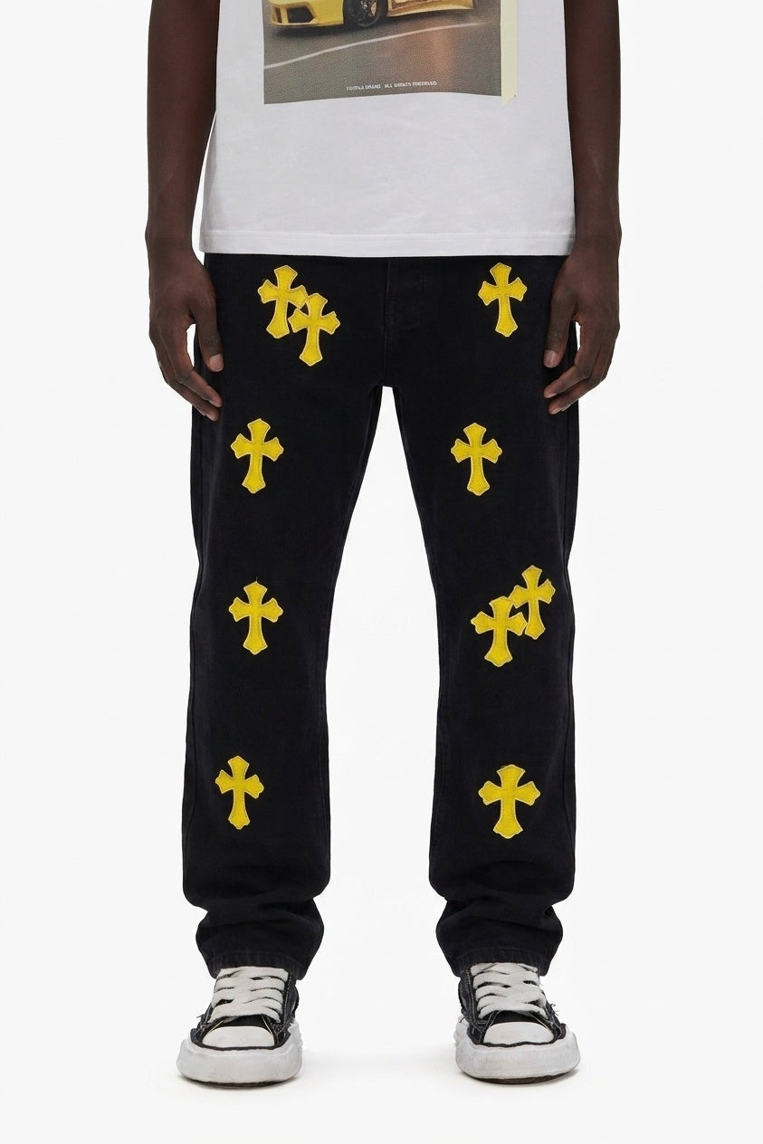 YELLOW CROSS BLACK DENIM PANTS
