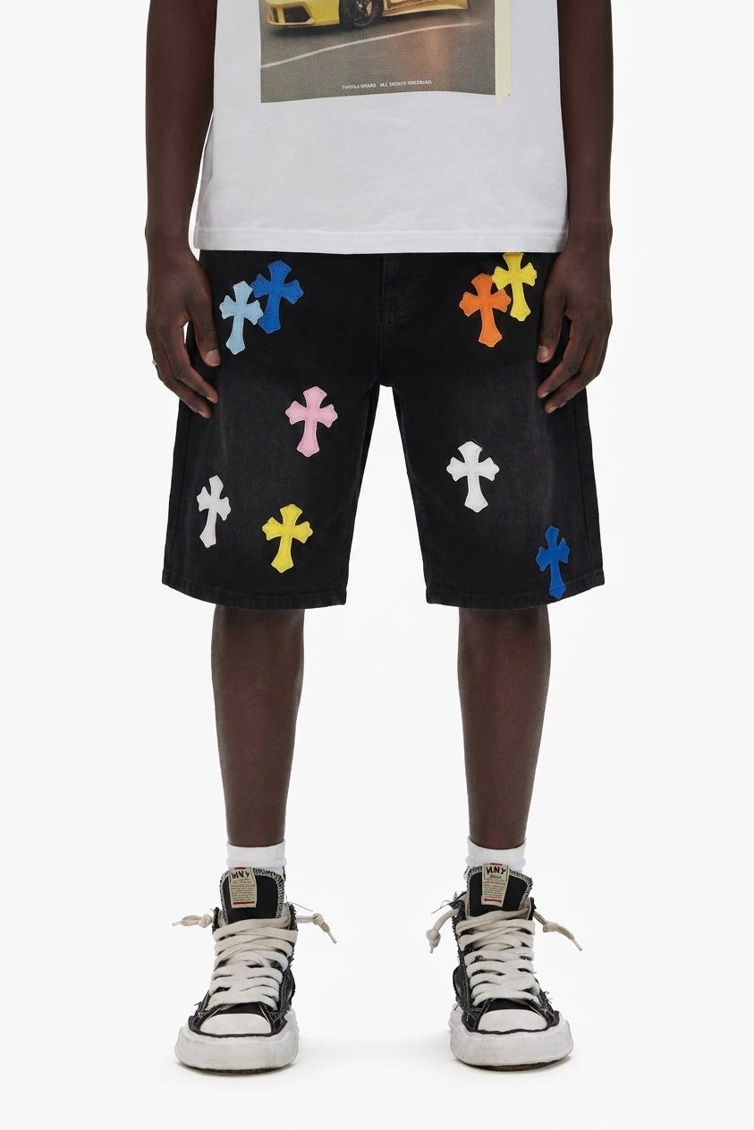 MULTICOLOR CROSS DENIM SHORTS