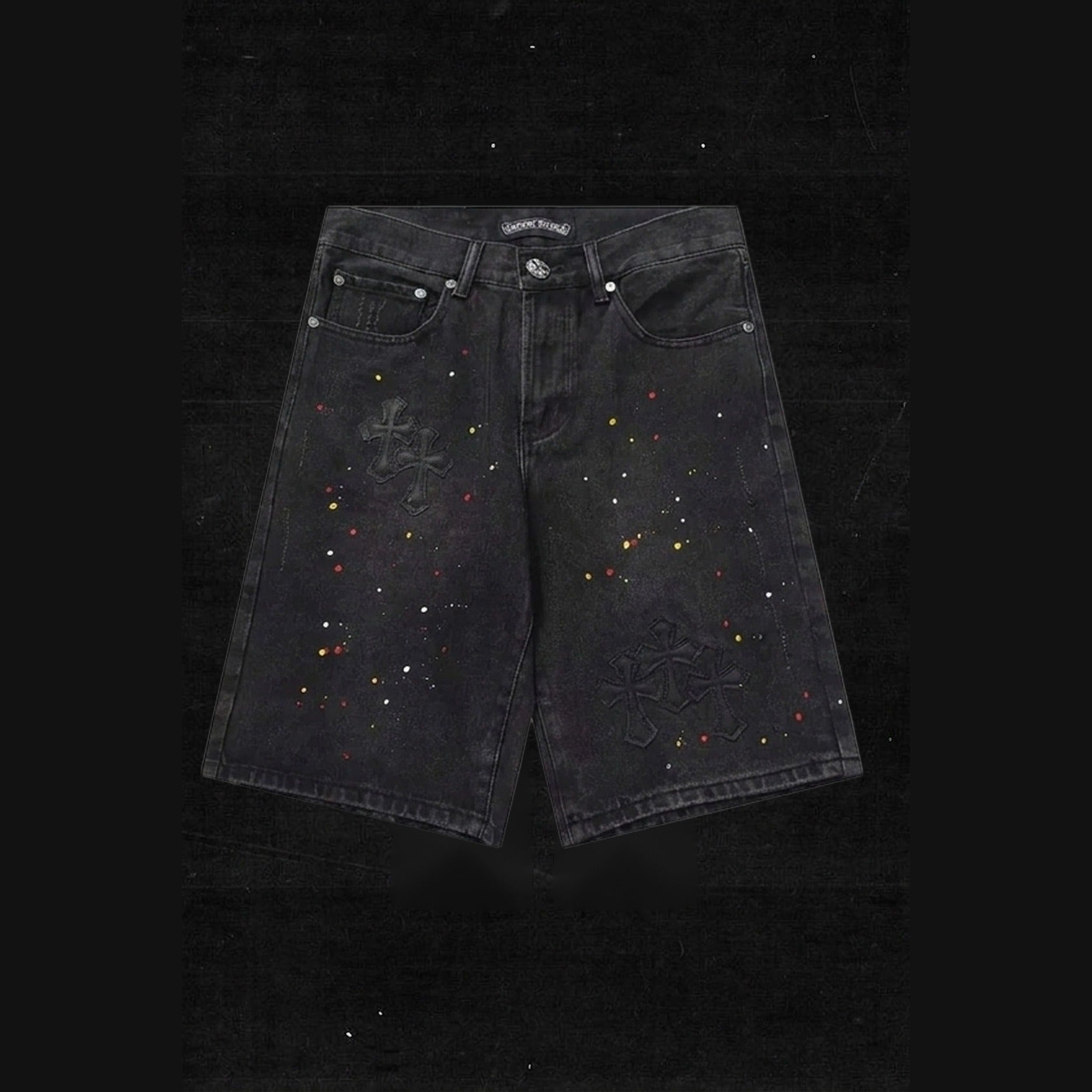 PAINT SPLATTER CROSS DENIM SHORTS