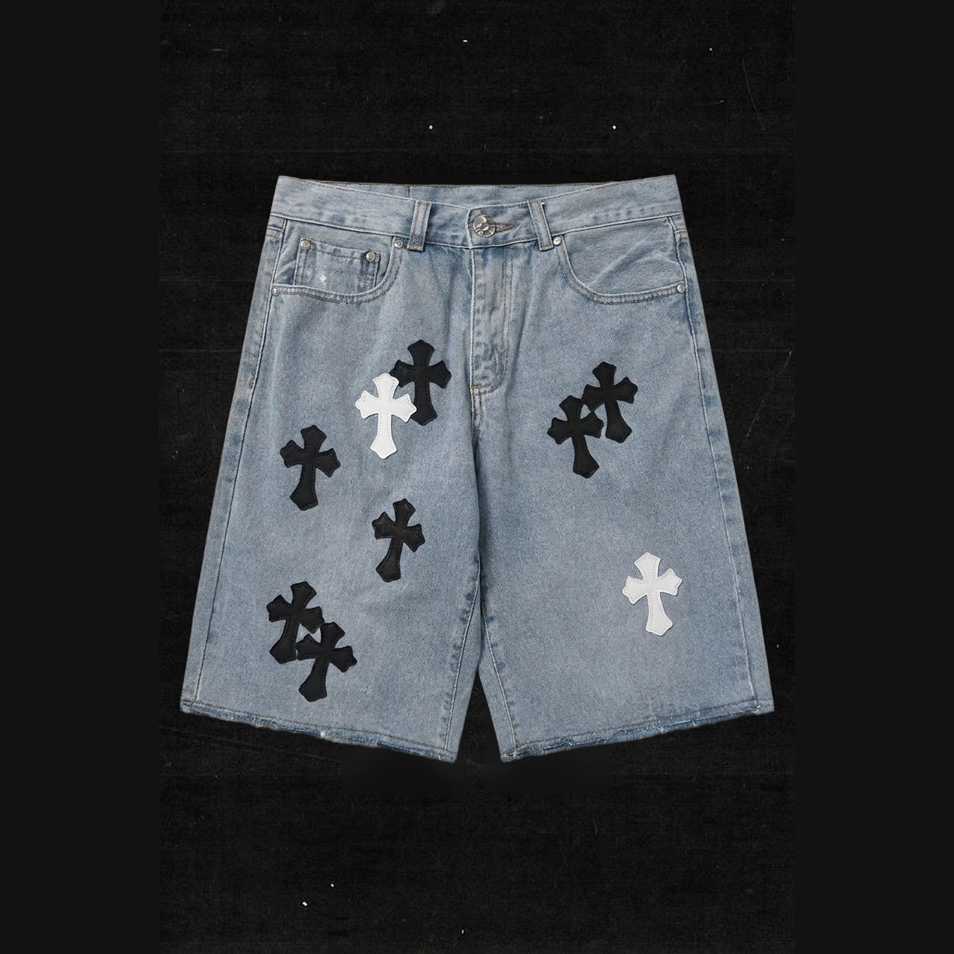 LIGHT BLUE CROSS DENIM SHORTS