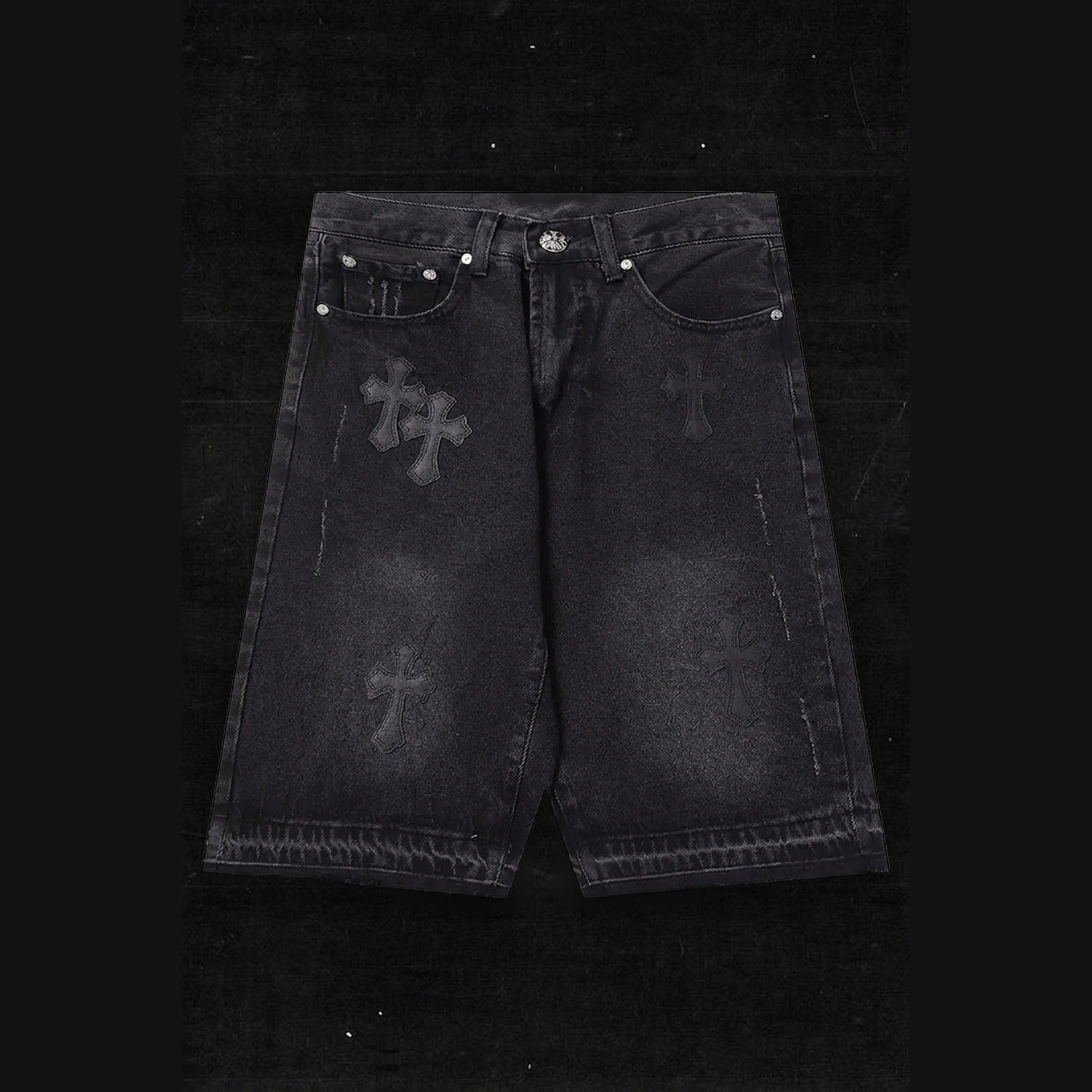 TONAL BLACK CROSS DENIM SHORTS