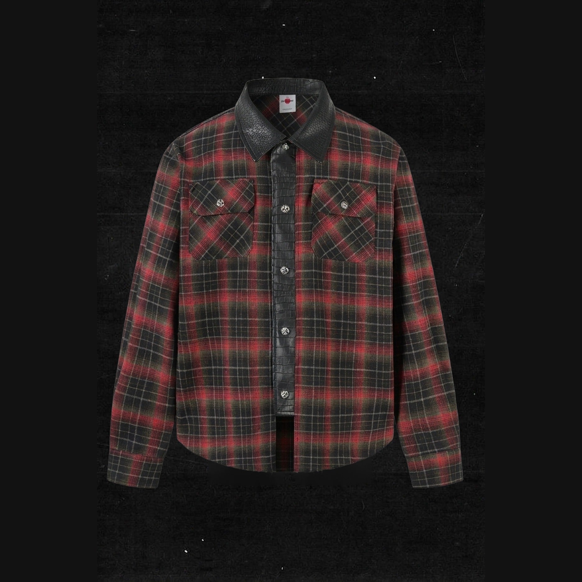 RED CHECK LEATHER COLLAR SHIRT