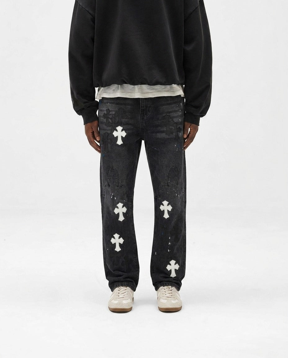 BLACK CROSS PAINT JEANS