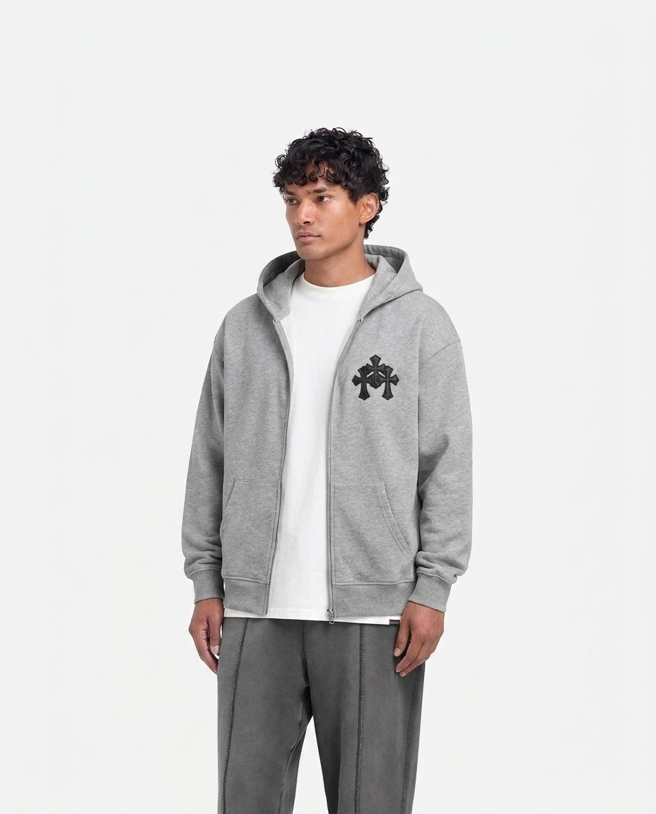 GRAY CROSS ZIP HOODIE