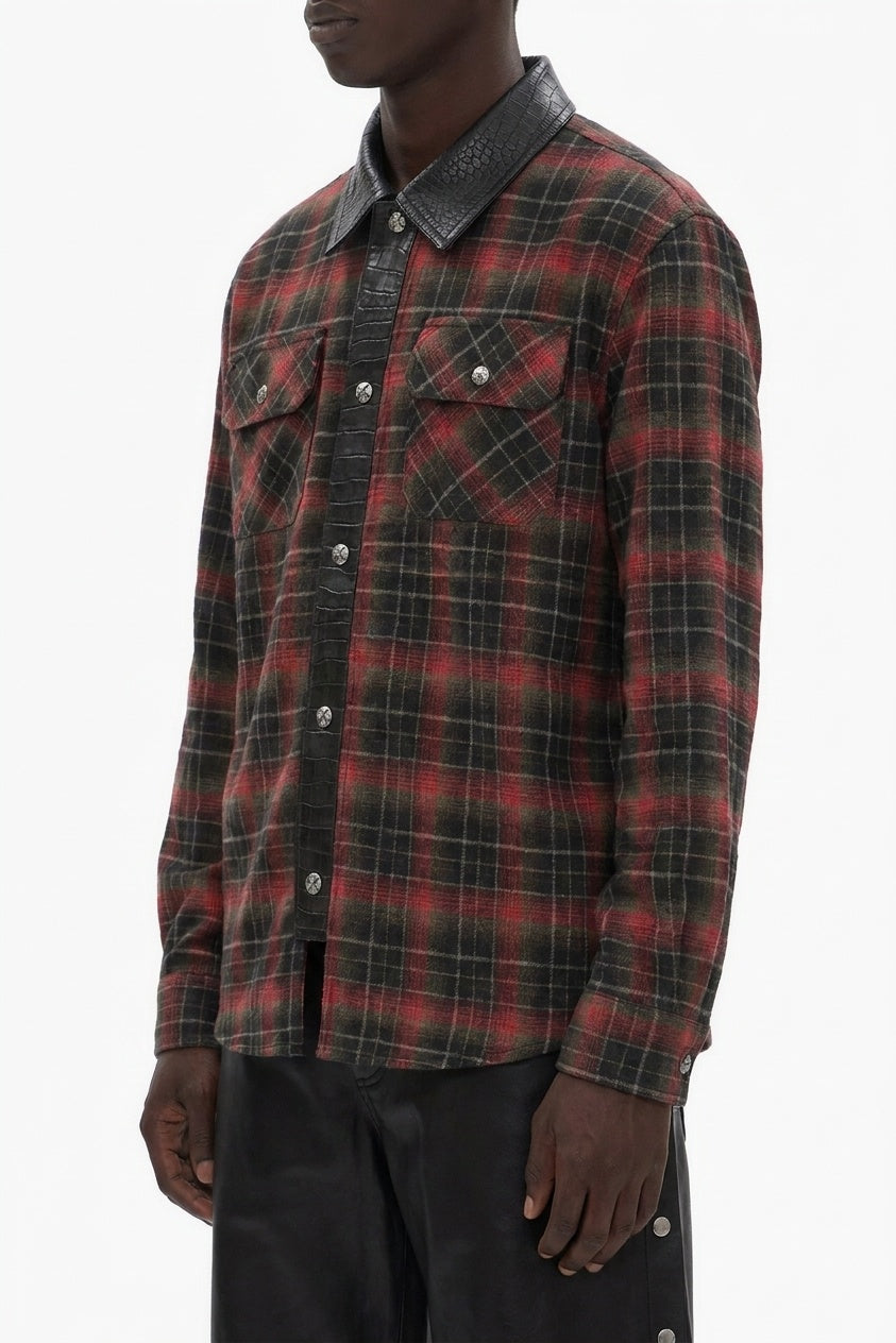 RED CHECK LEATHER COLLAR SHIRT