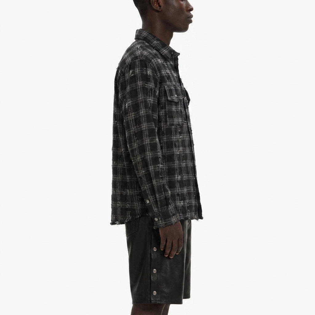 BLACK CHECK DAMAGED SHIRT