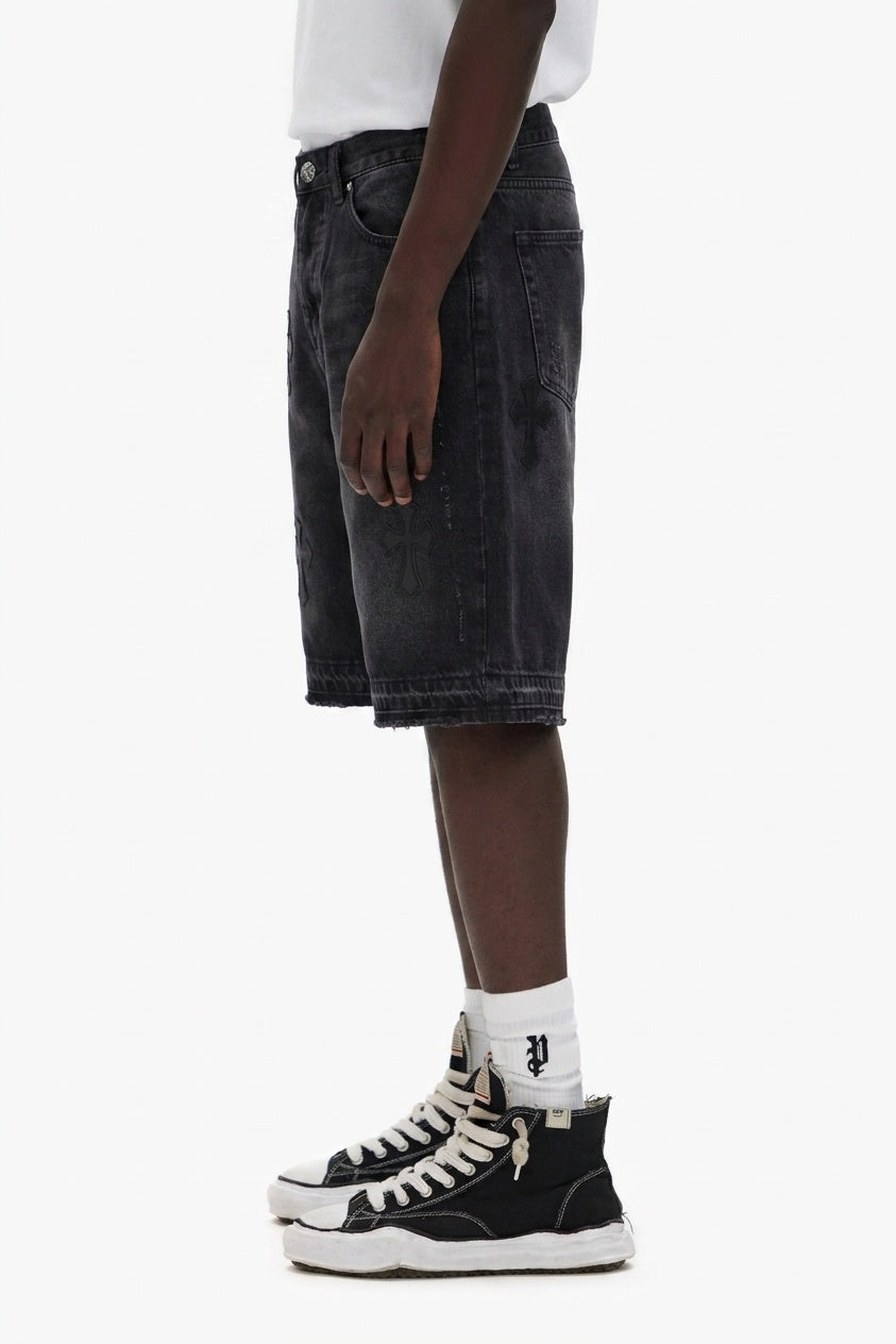 TONAL BLACK CROSS DENIM SHORTS