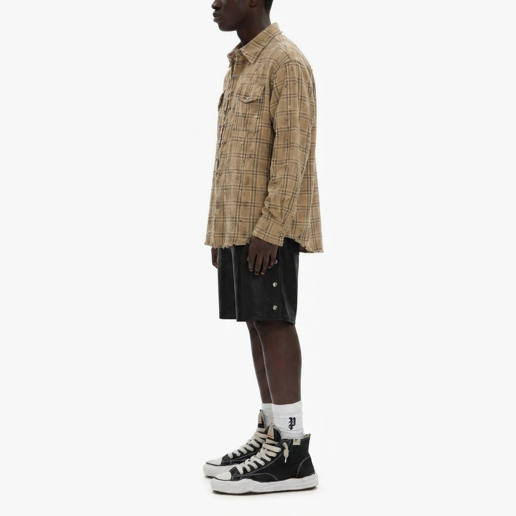 BEIGE CHECK DAMAGED SHIRT