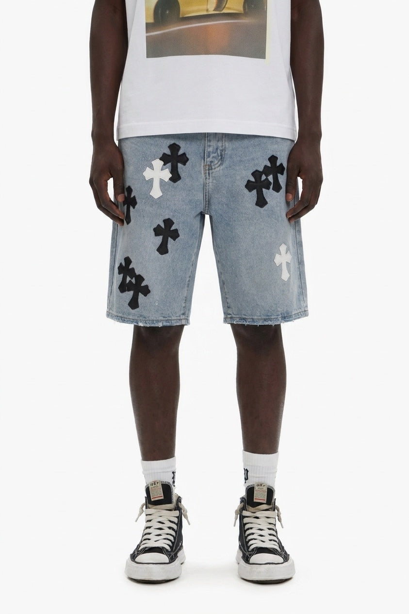 LIGHT BLUE CROSS DENIM SHORTS