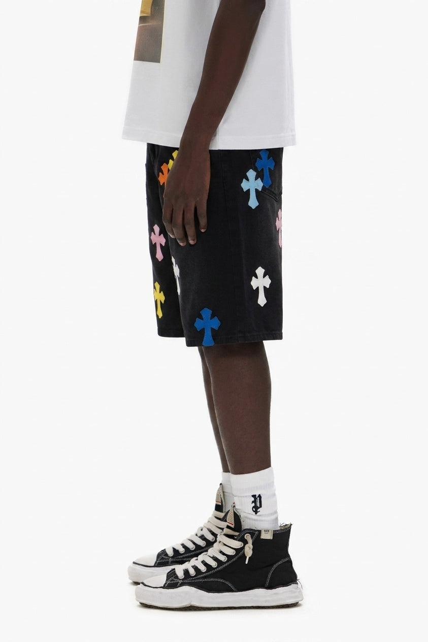 MULTICOLOR CROSS DENIM SHORTS