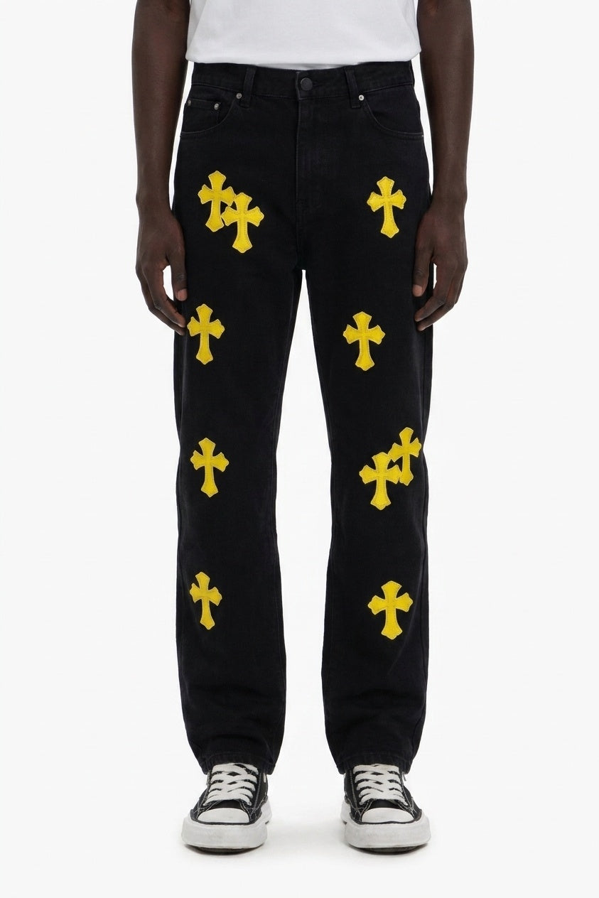 YELLOW CROSS BLACK DENIM PANTS
