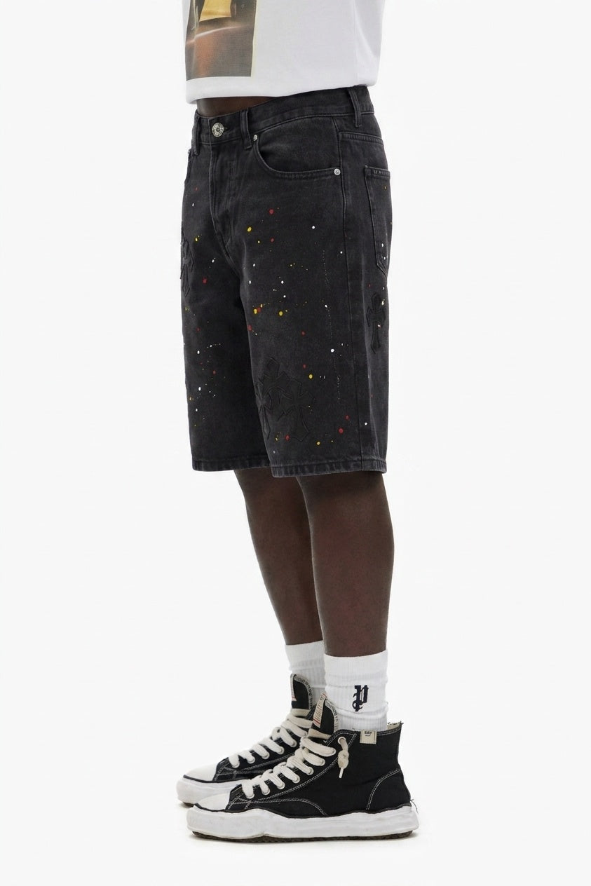 PAINT SPLATTER CROSS DENIM SHORTS