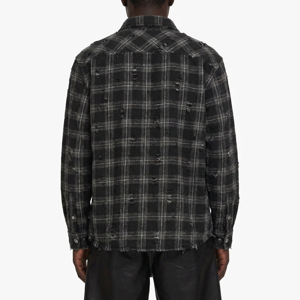 BLACK CHECK DAMAGED SHIRT