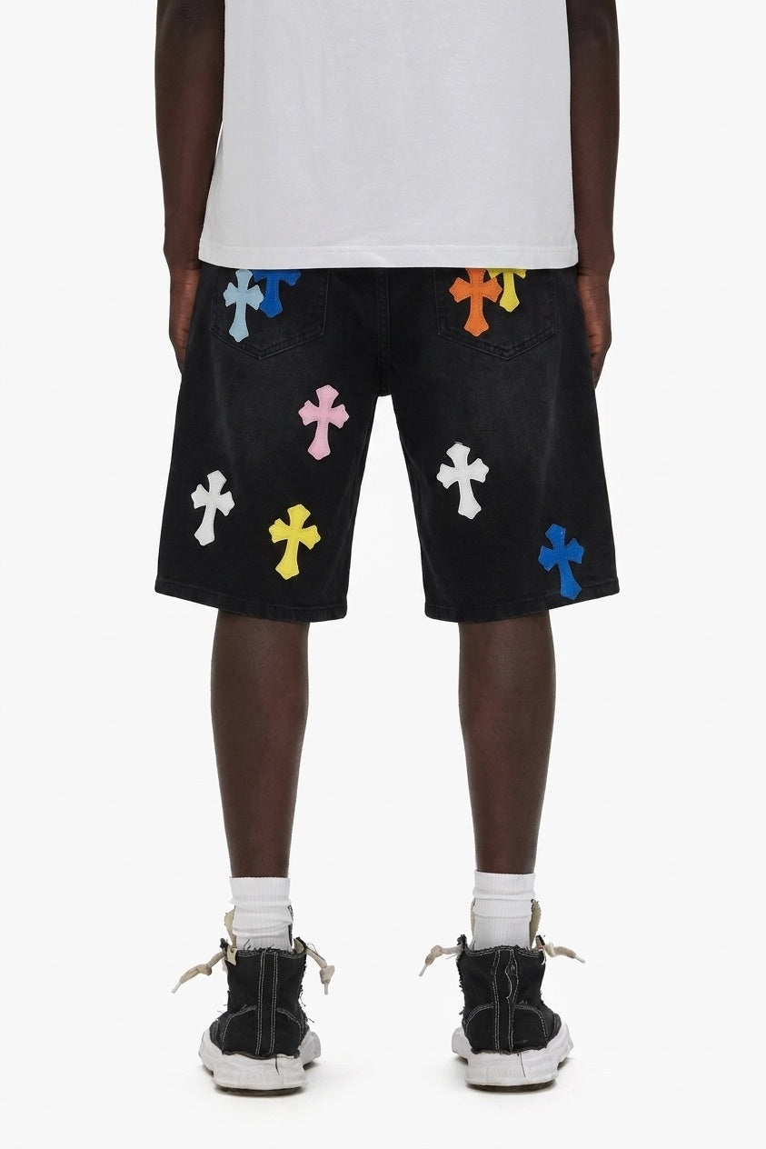 MULTICOLOR CROSS DENIM SHORTS