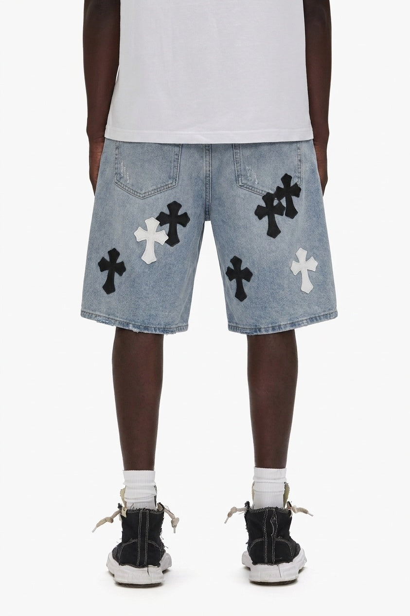 LIGHT BLUE CROSS DENIM SHORTS