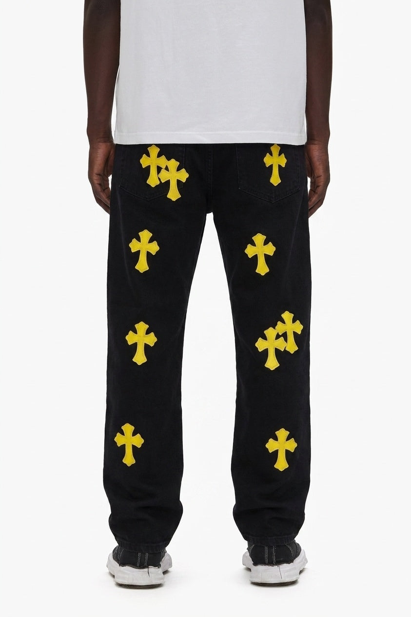 YELLOW CROSS BLACK DENIM PANTS