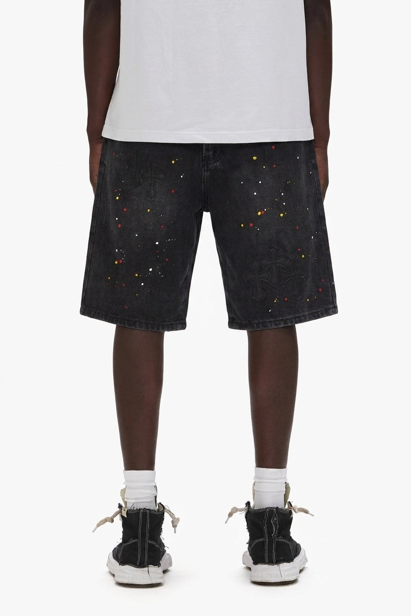 PAINT SPLATTER CROSS DENIM SHORTS