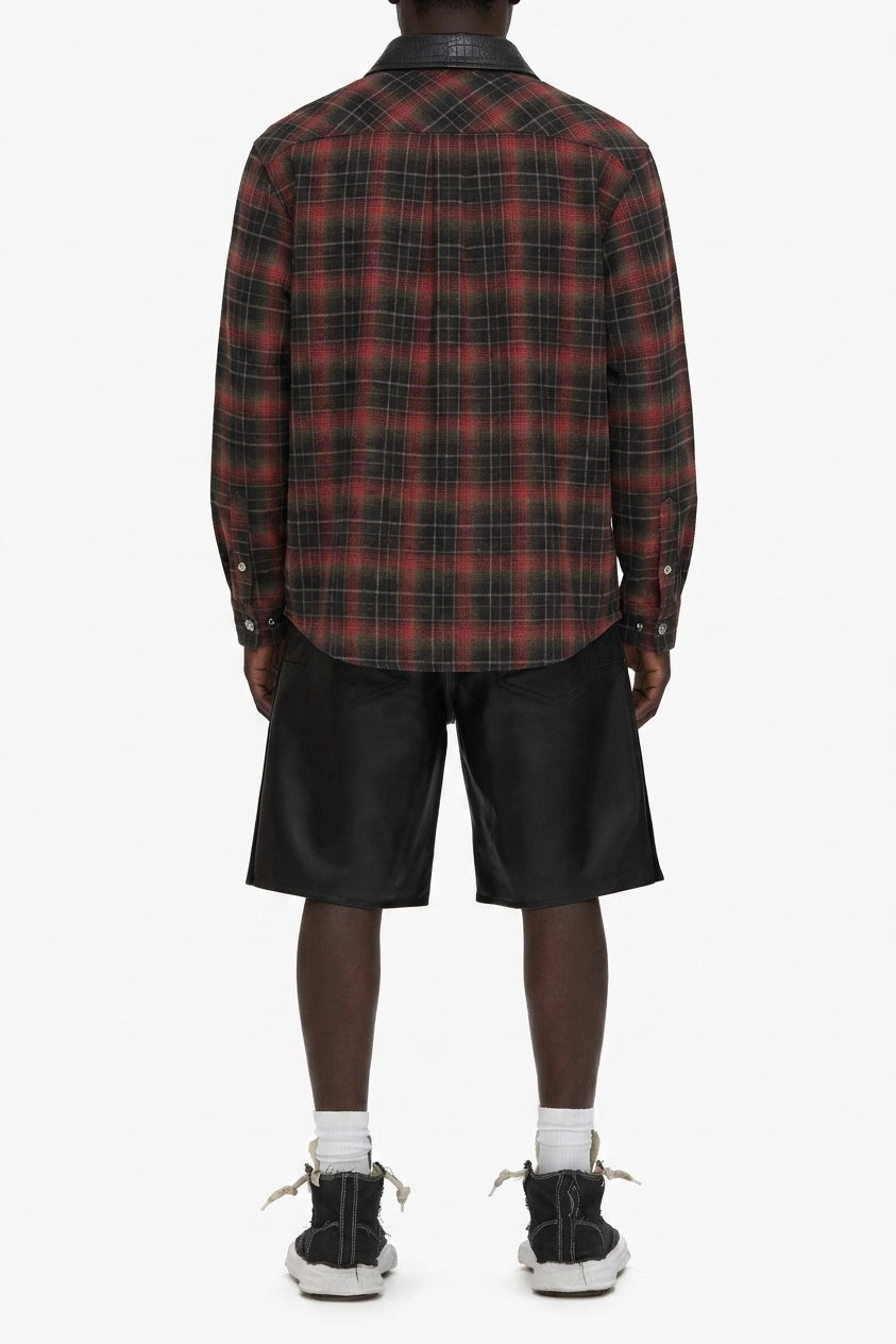 RED CHECK LEATHER COLLAR SHIRT