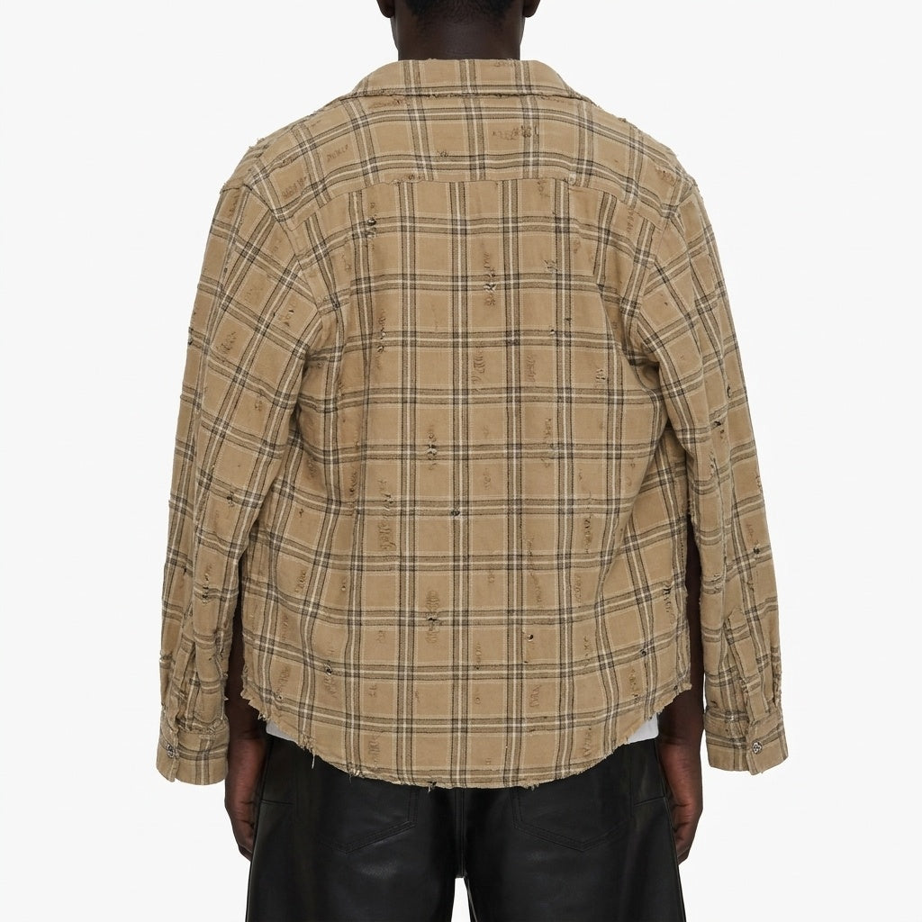 BEIGE CHECK DAMAGED SHIRT