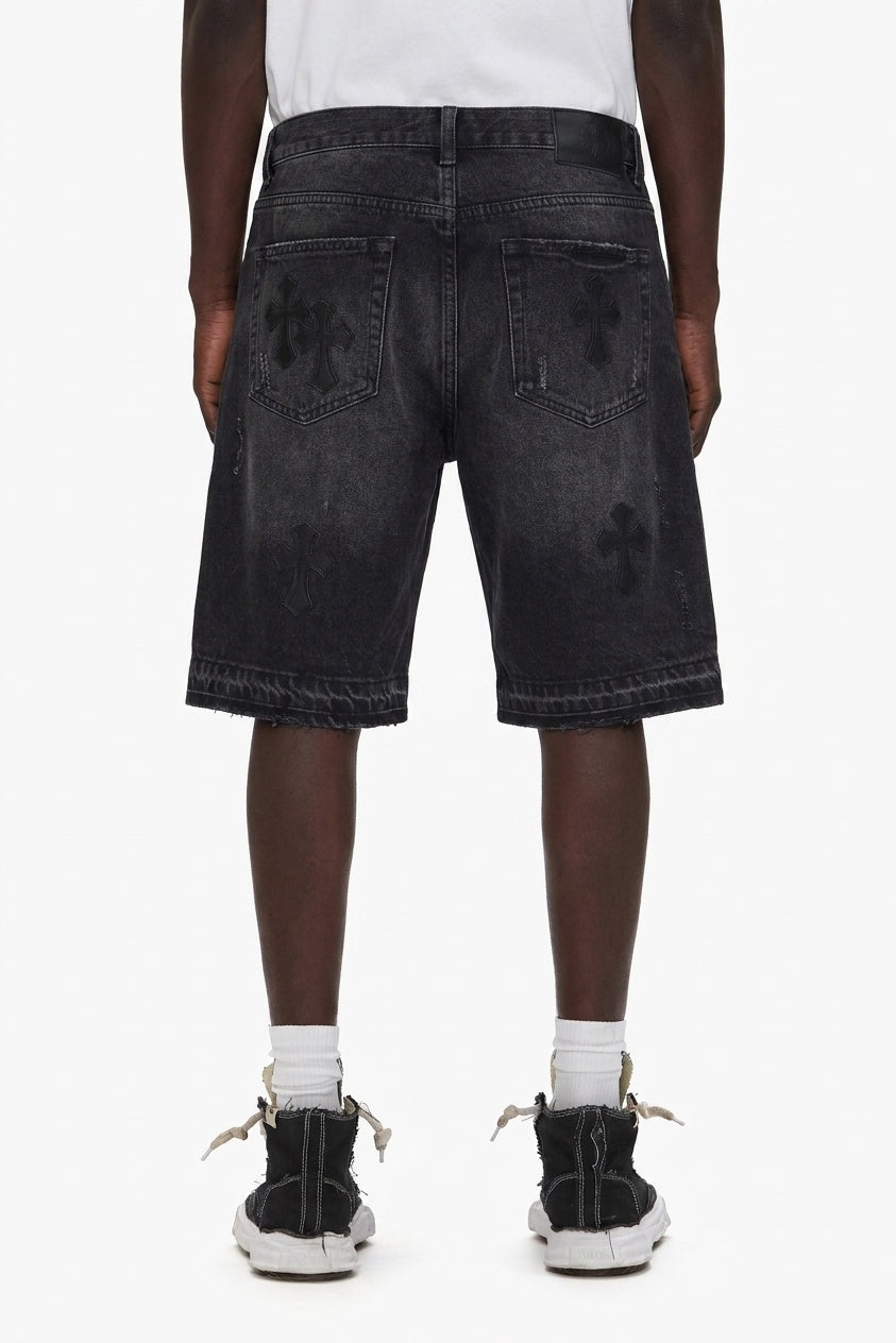 TONAL BLACK CROSS DENIM SHORTS
