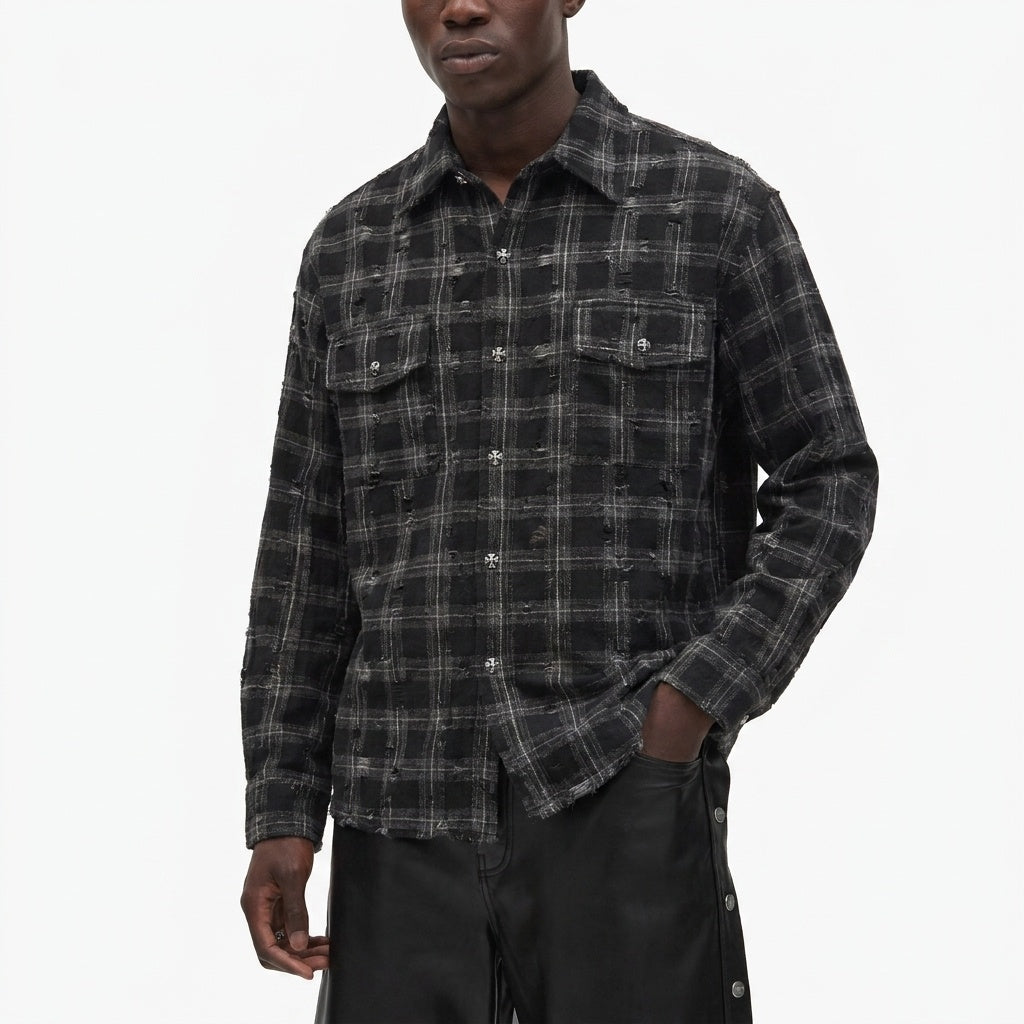 BLACK CHECK DAMAGED SHIRT