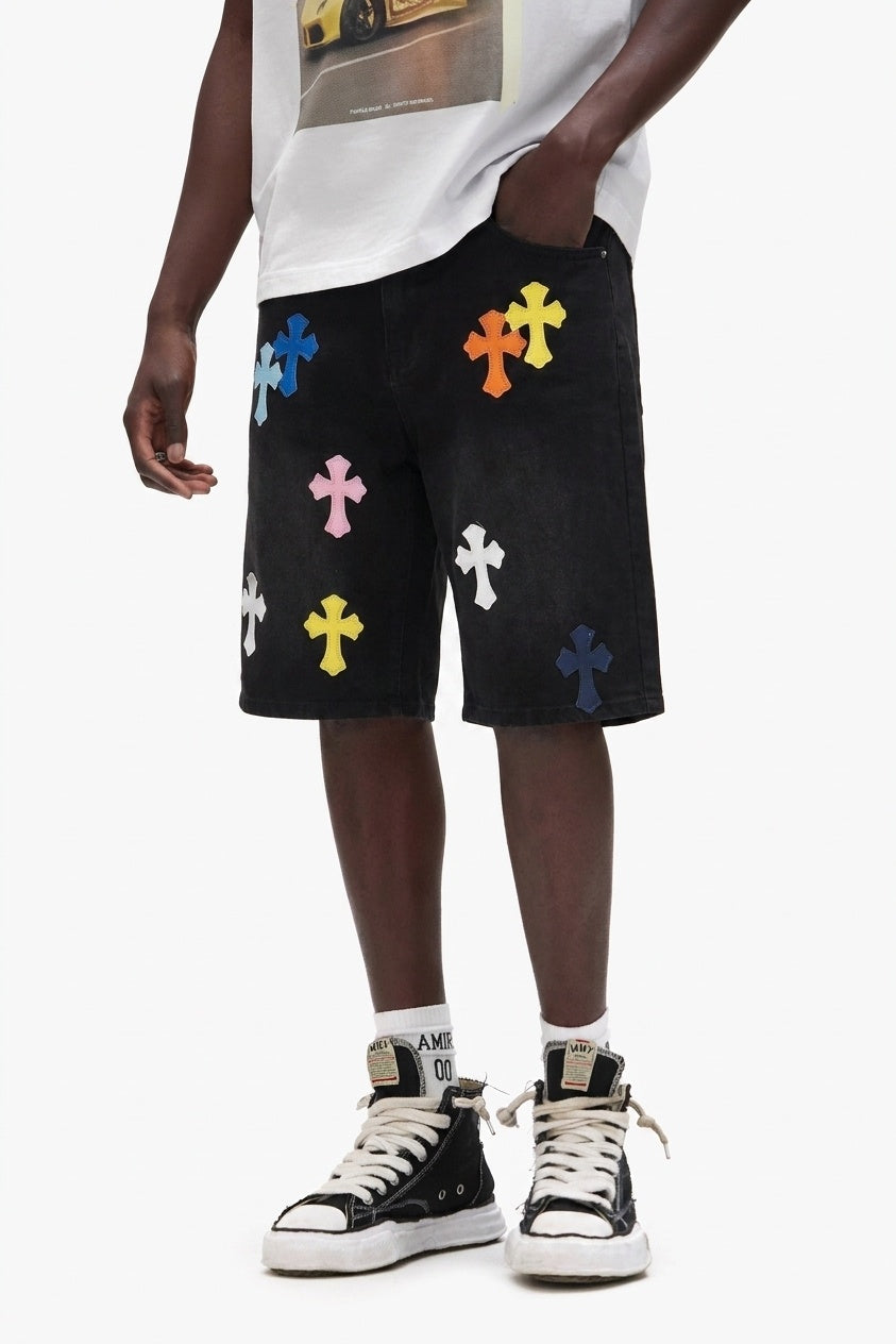 MULTICOLOR CROSS DENIM SHORTS