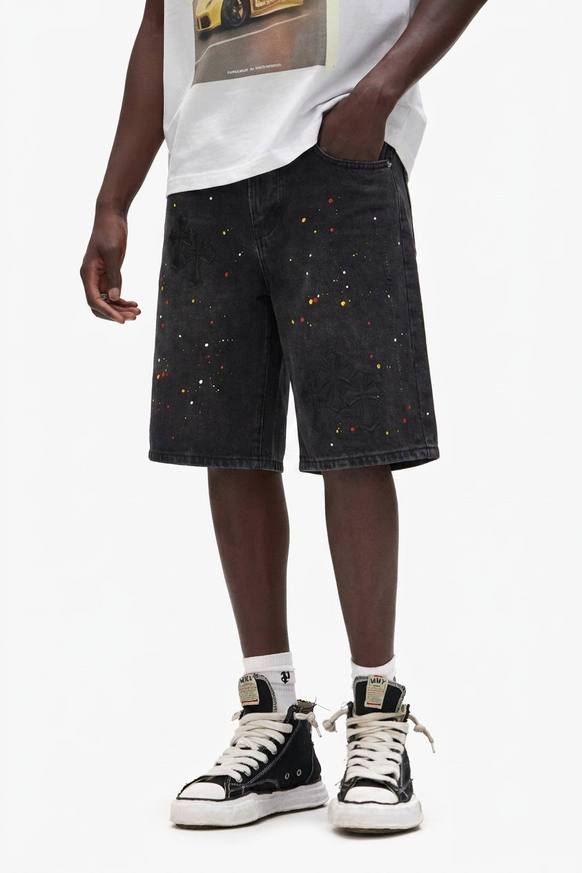 PAINT SPLATTER CROSS DENIM SHORTS