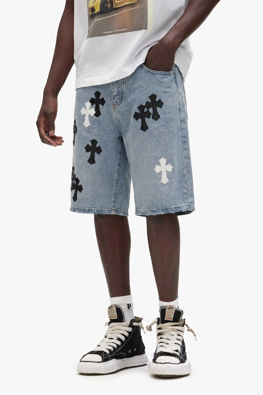 LIGHT BLUE CROSS DENIM SHORTS