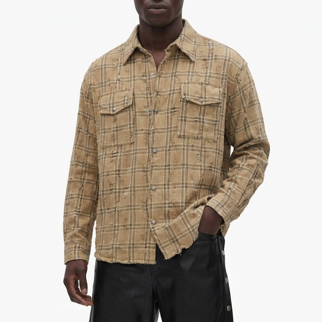 BEIGE CHECK DAMAGED SHIRT