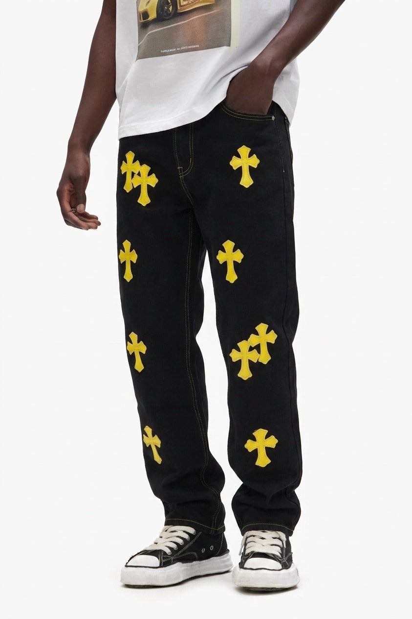 YELLOW CROSS BLACK DENIM PANTS