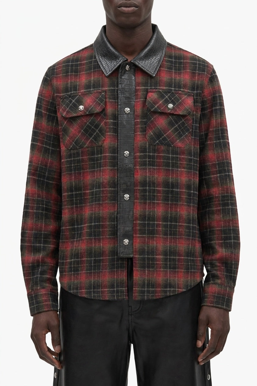 RED CHECK LEATHER COLLAR SHIRT