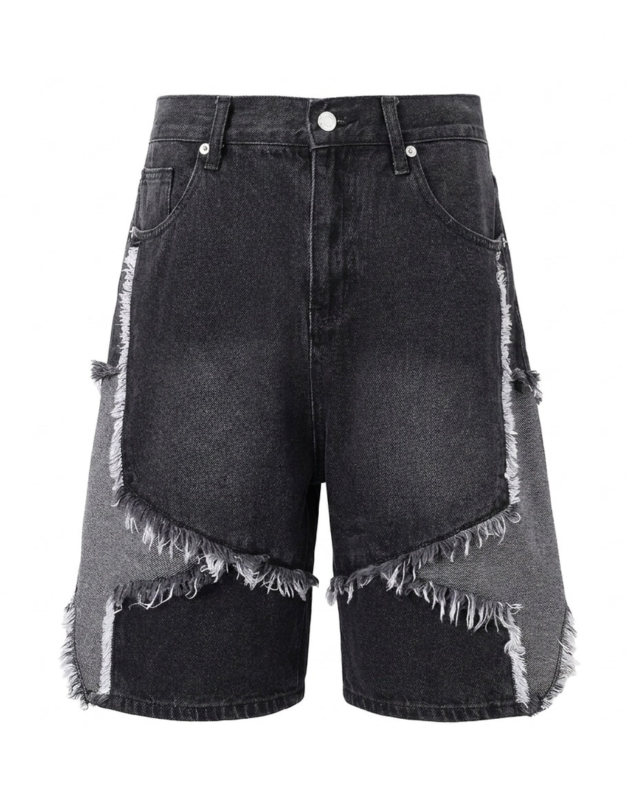 Black Frayed Patchwork Shorts