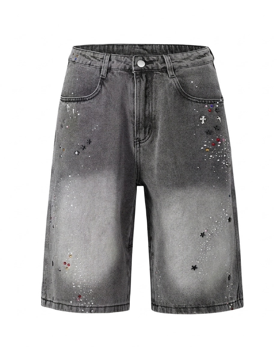 Grey Paint Splatter Studded Shorts