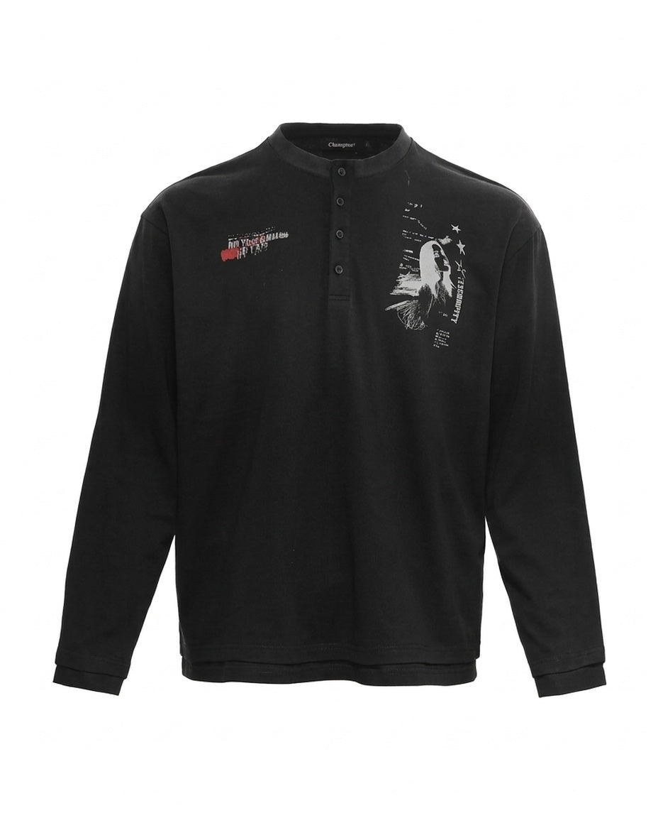 Black Graphic Henley LS